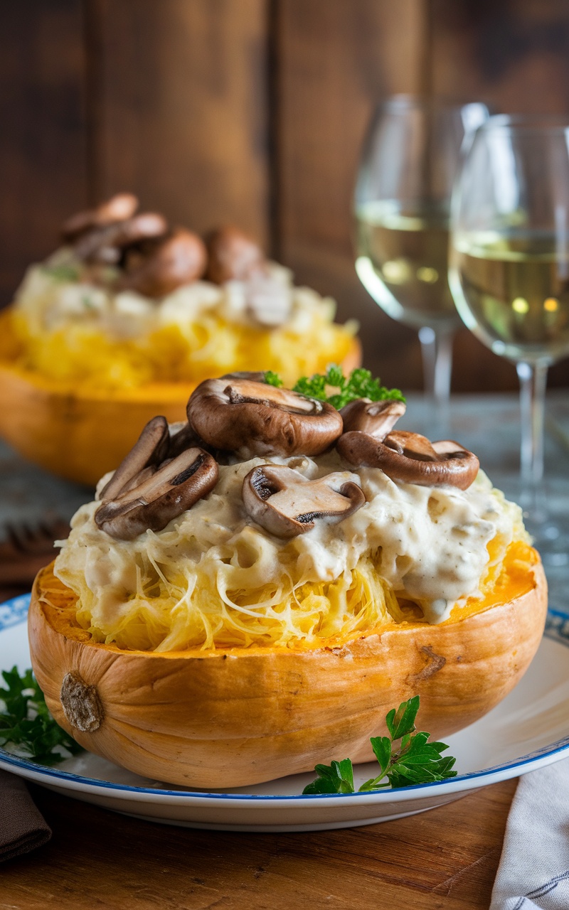 Creative Mushroom Alfredo Stuffed Spaghetti Squash Recipe Stuffed spaghetti squash filled with creamy mushroom Alfredo sauce, garnished with parsley on a rustic table.